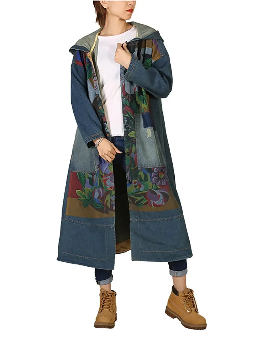 Women Spliced Deim Hooded Coat