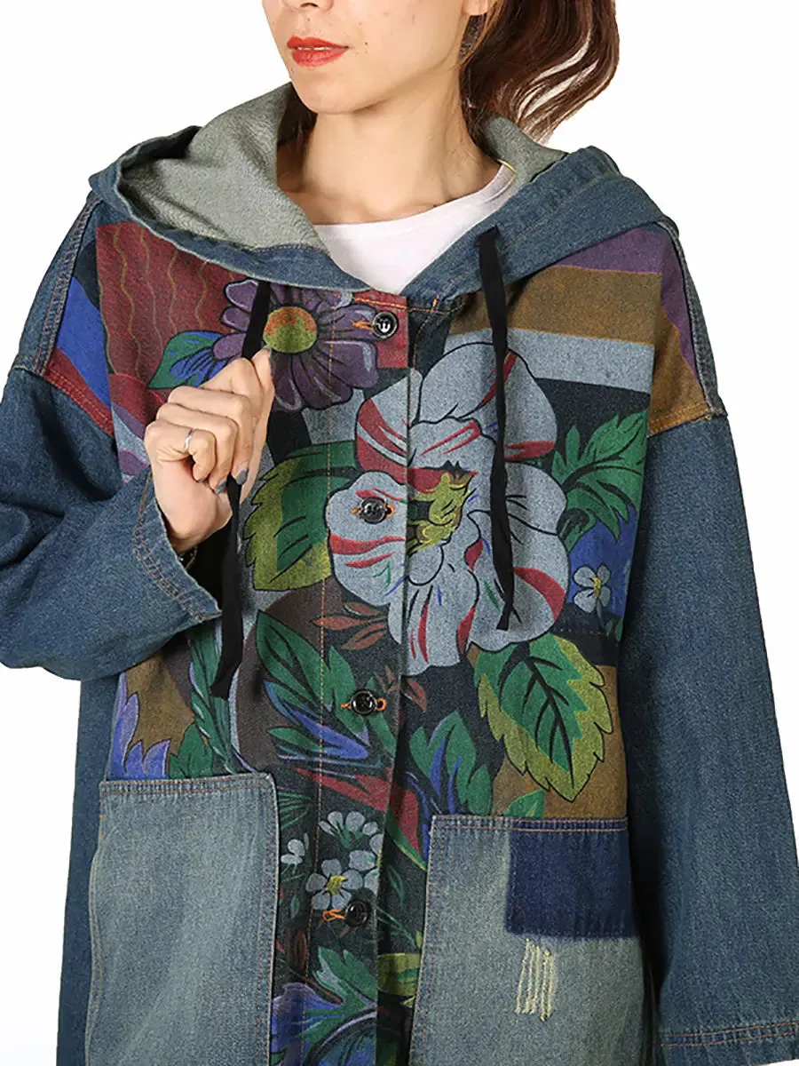 Women Spliced Deim Hooded Coat