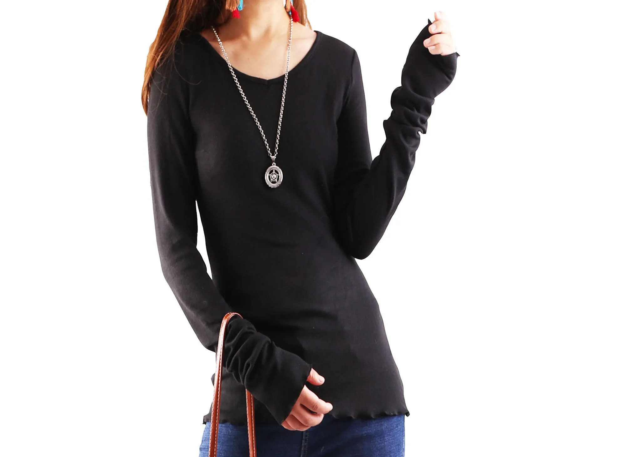 Women's Long Long Sleeves top, bottoming Cotton t-Shirt, Black shirt, v-neck top, form fitting top(Y1117)