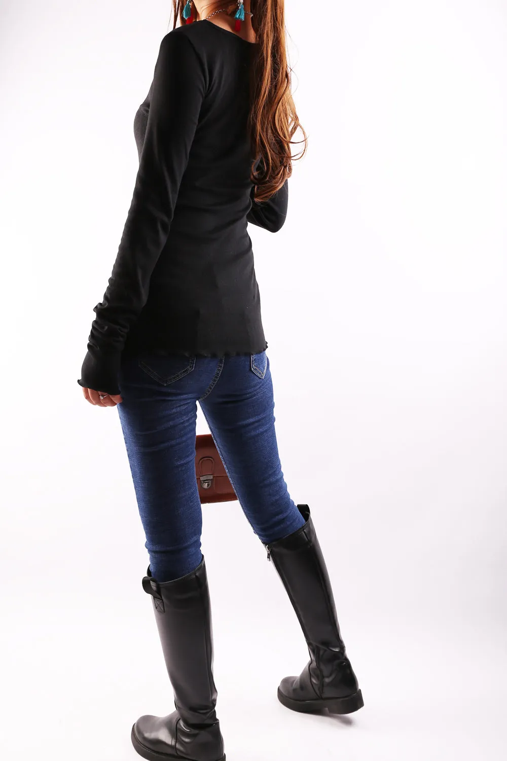 Women's Long Long Sleeves top, bottoming Cotton t-Shirt, Black shirt, v-neck top, form fitting top(Y1117)