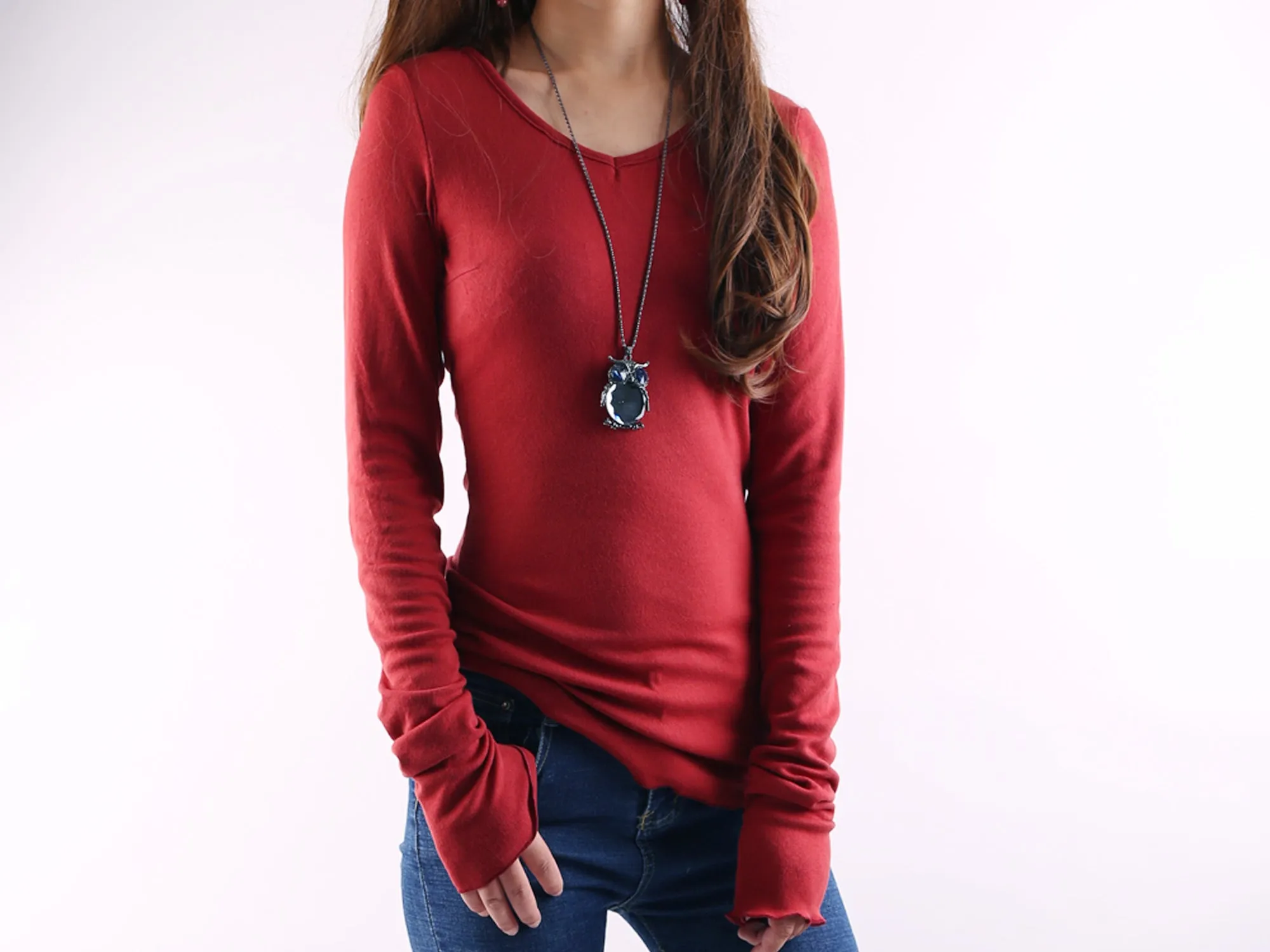 Women's Long Long Sleeves top, bottoming Cotton t-Shirt, Black shirt, v-neck top, form fitting top(Y1117)