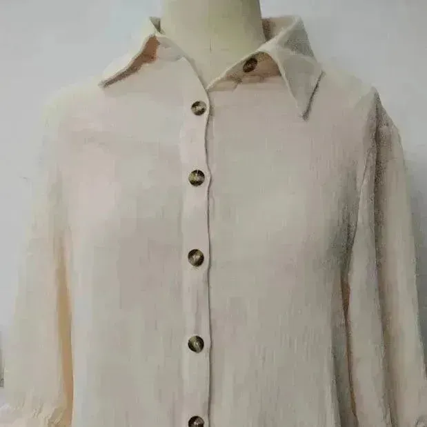 Women's Solid Color Cotton Ruffled Sleeve And Linen Breasted Loose Shirt Dress